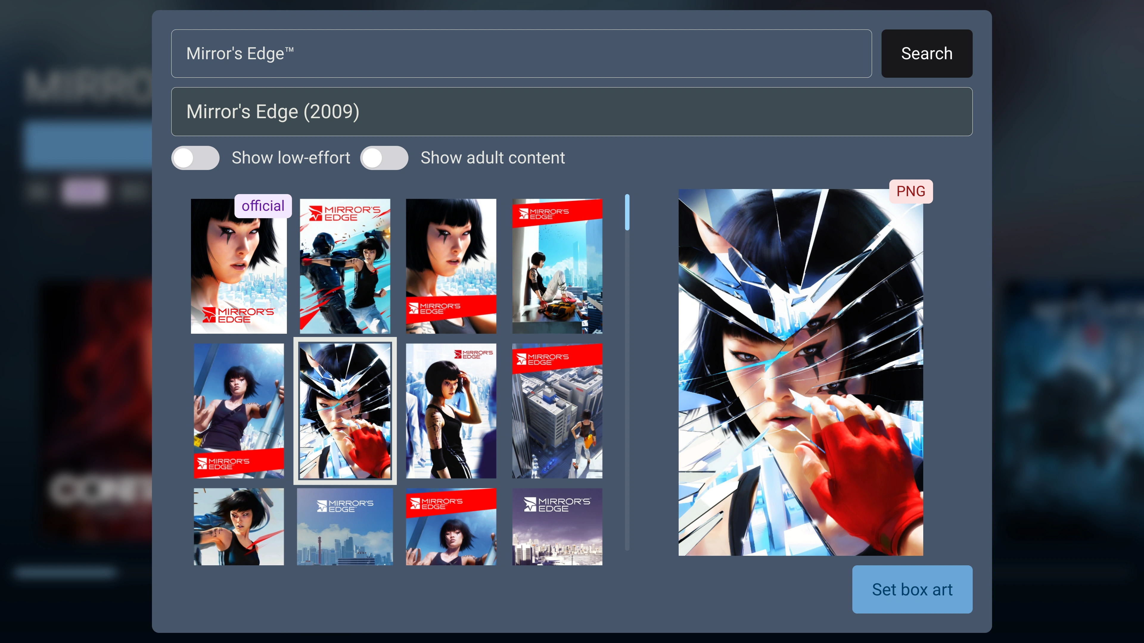 Picture of a modal with a grid of posters from SteamGridDB