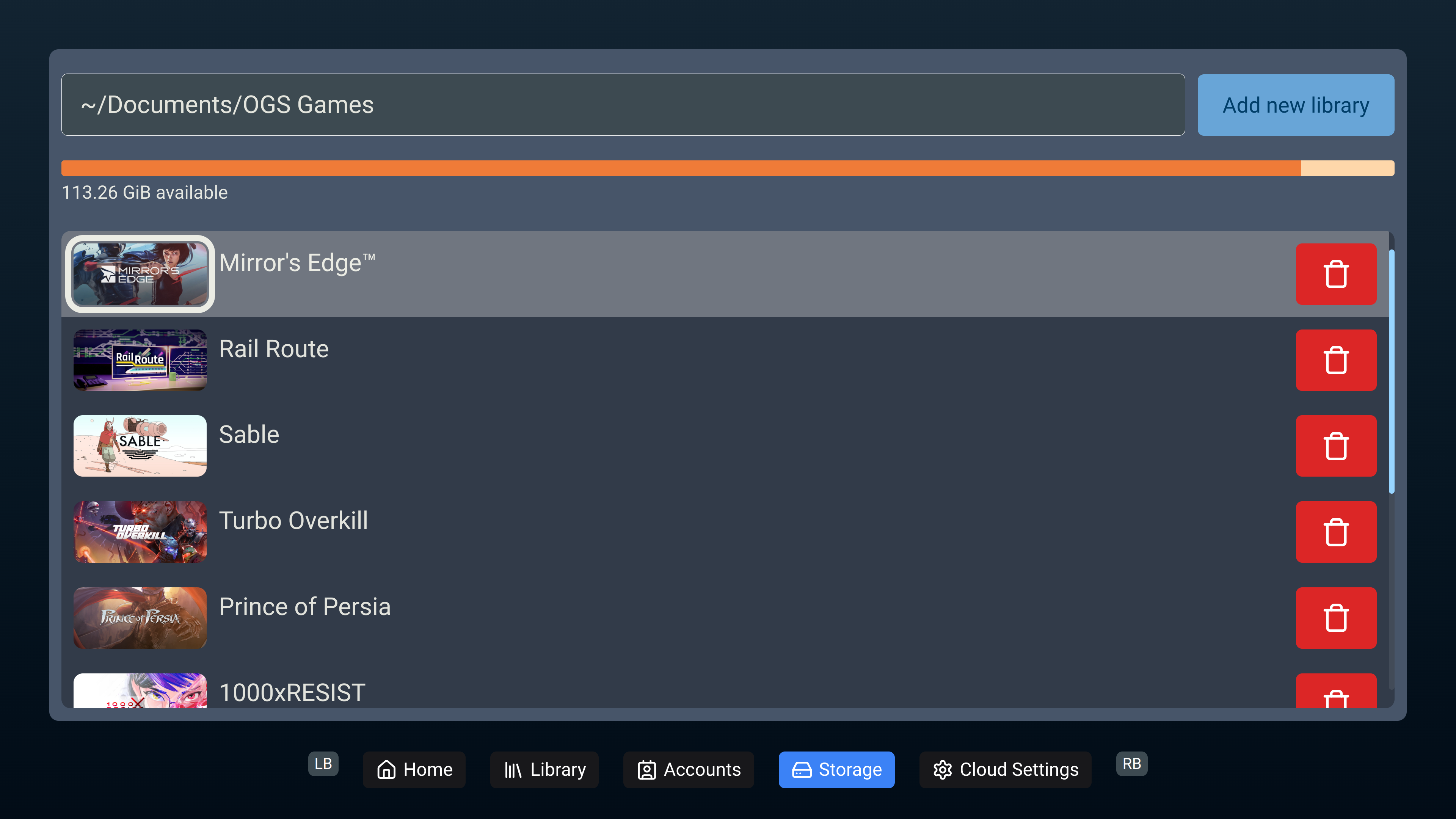 Picture showing the storage page with uninstall game buttons