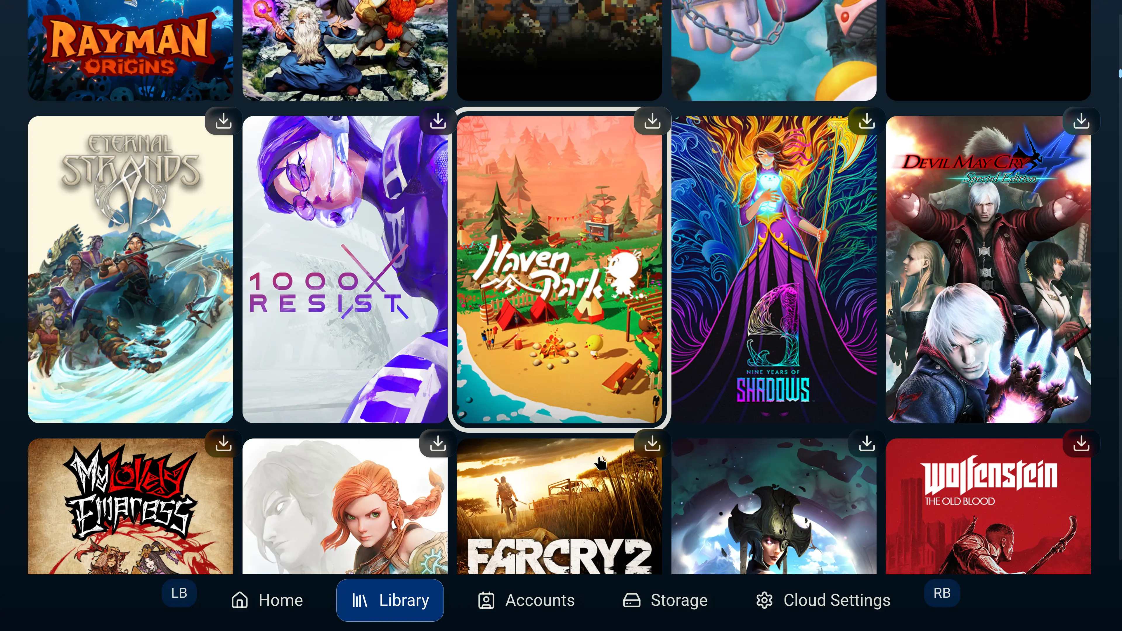 Picture of the 'library' page, with the download status badges being glassy