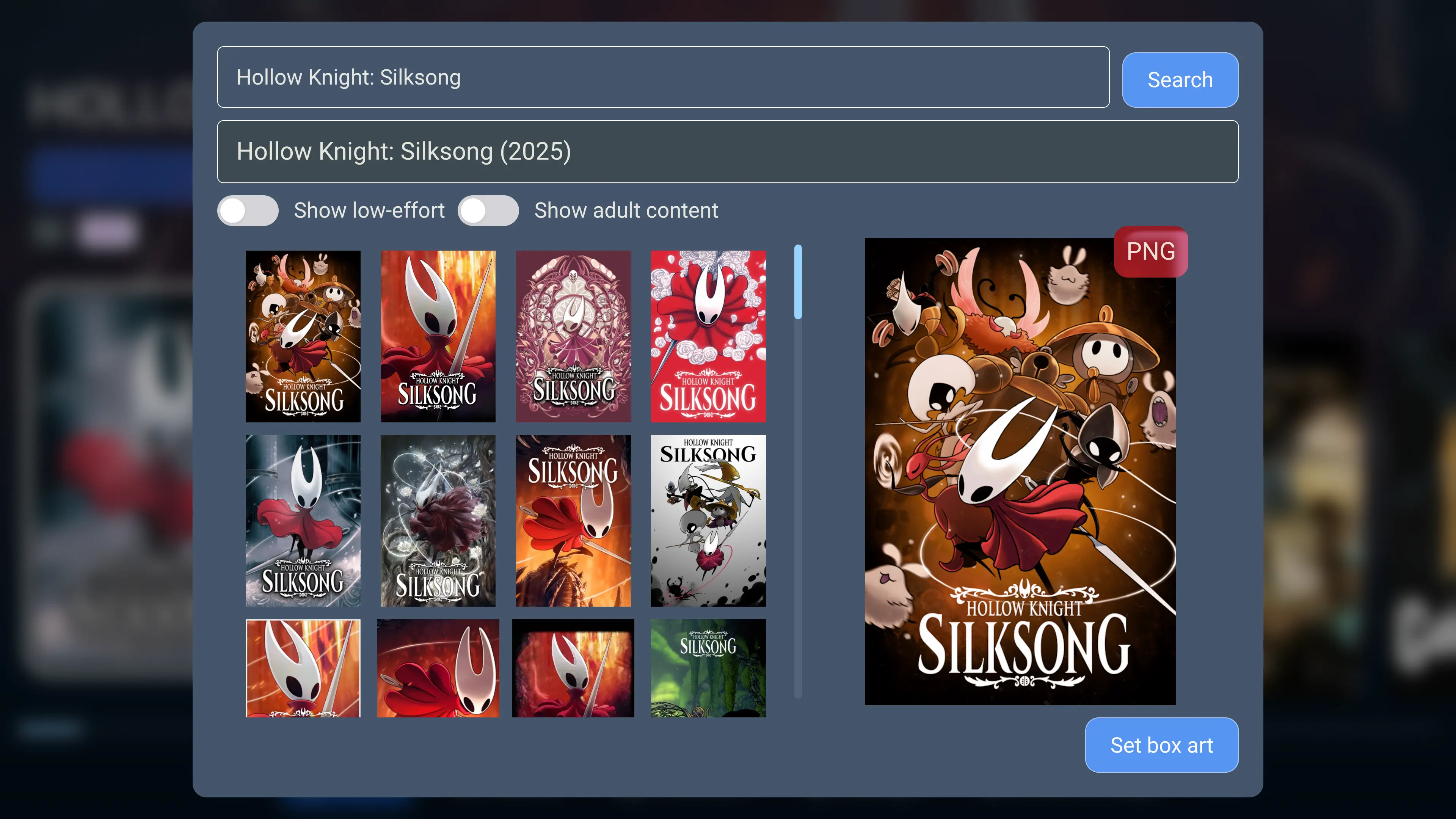 Picture of the 'steamgriddb' modal, with the file extension badges being glassy instead of the flat color they were before